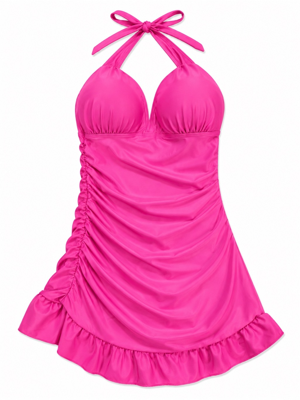 Hot Pink Halter Ruffle Swim Dress